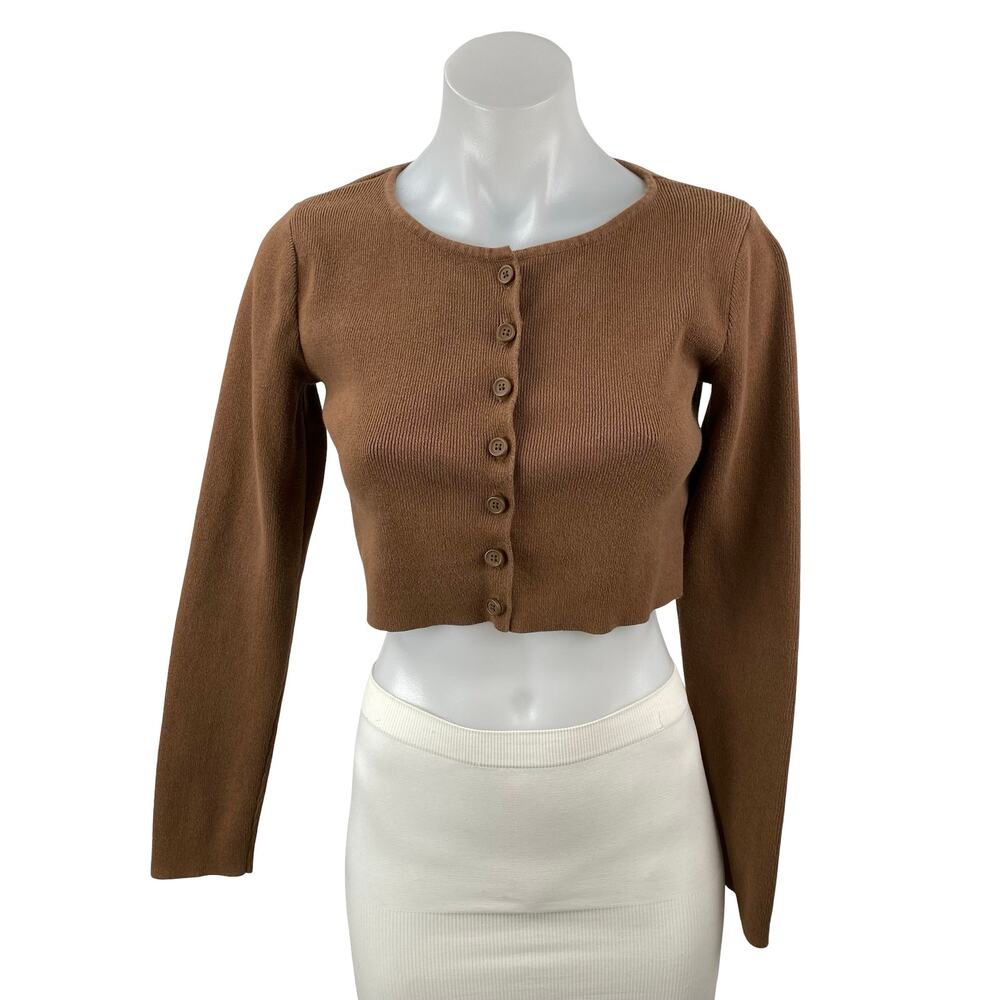 Brandy Melville Women's Brown Ribbed Knit Button Up Crop Cardigan Sweater Size S
